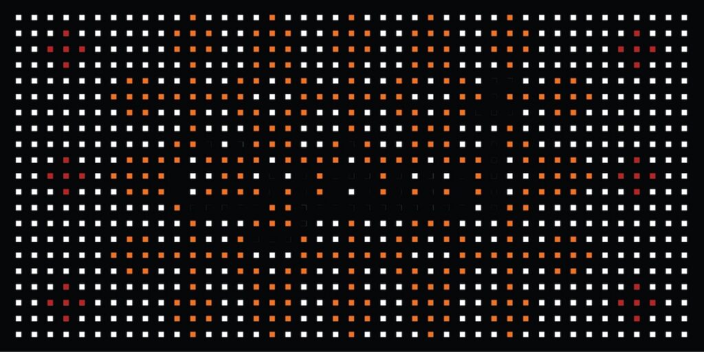 A grid of small squares forms a pixelated heart shape in the center