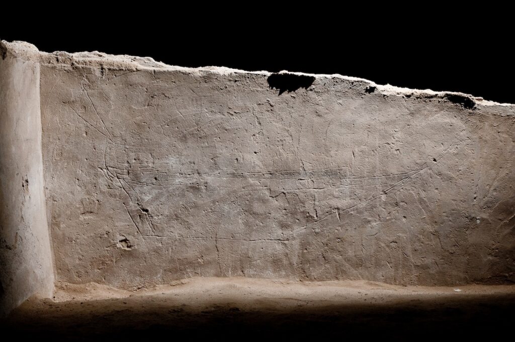 An ancient stone wall featuring a faint, carved outline of a ship, reminiscent of work by Sophia Al-Maria.
