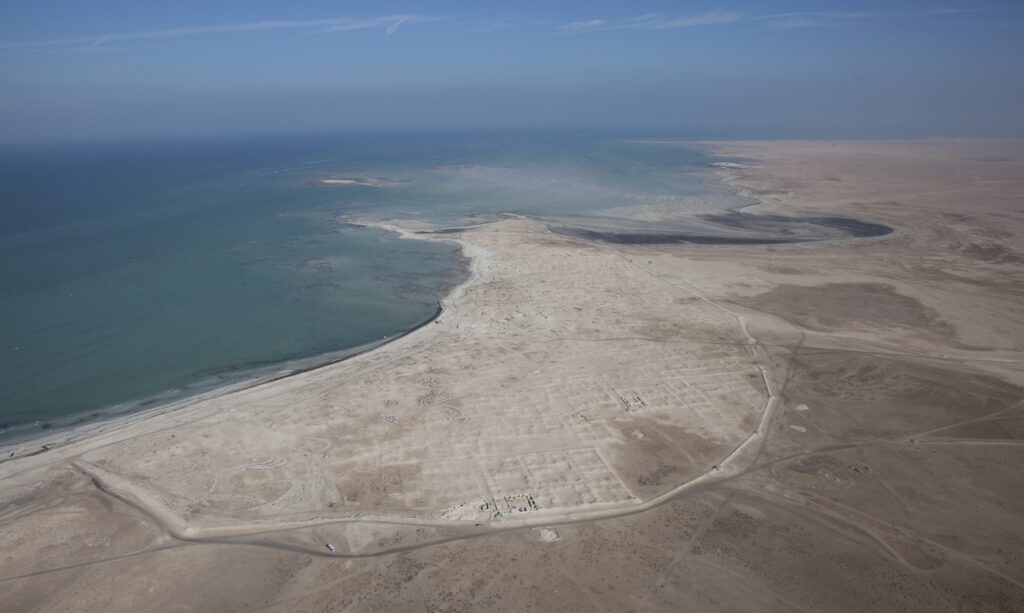Aerial view of a coastal desert landscape with faint grid patterns of an archaeological site, reminiscent of a Rirkrit Tiravanija installation, visible near the shoreline.