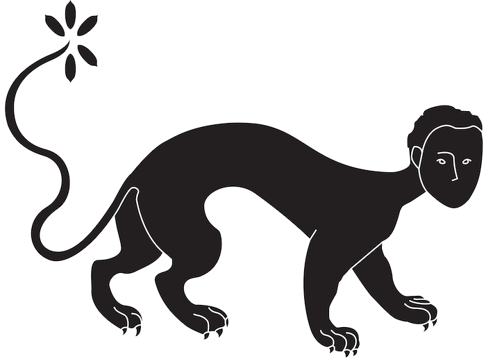 Black silhouette of a Roni Helou mythical creature with the body of a four-legged feline and a human face, featuring a long, thin tail ending in a flower-like shape.