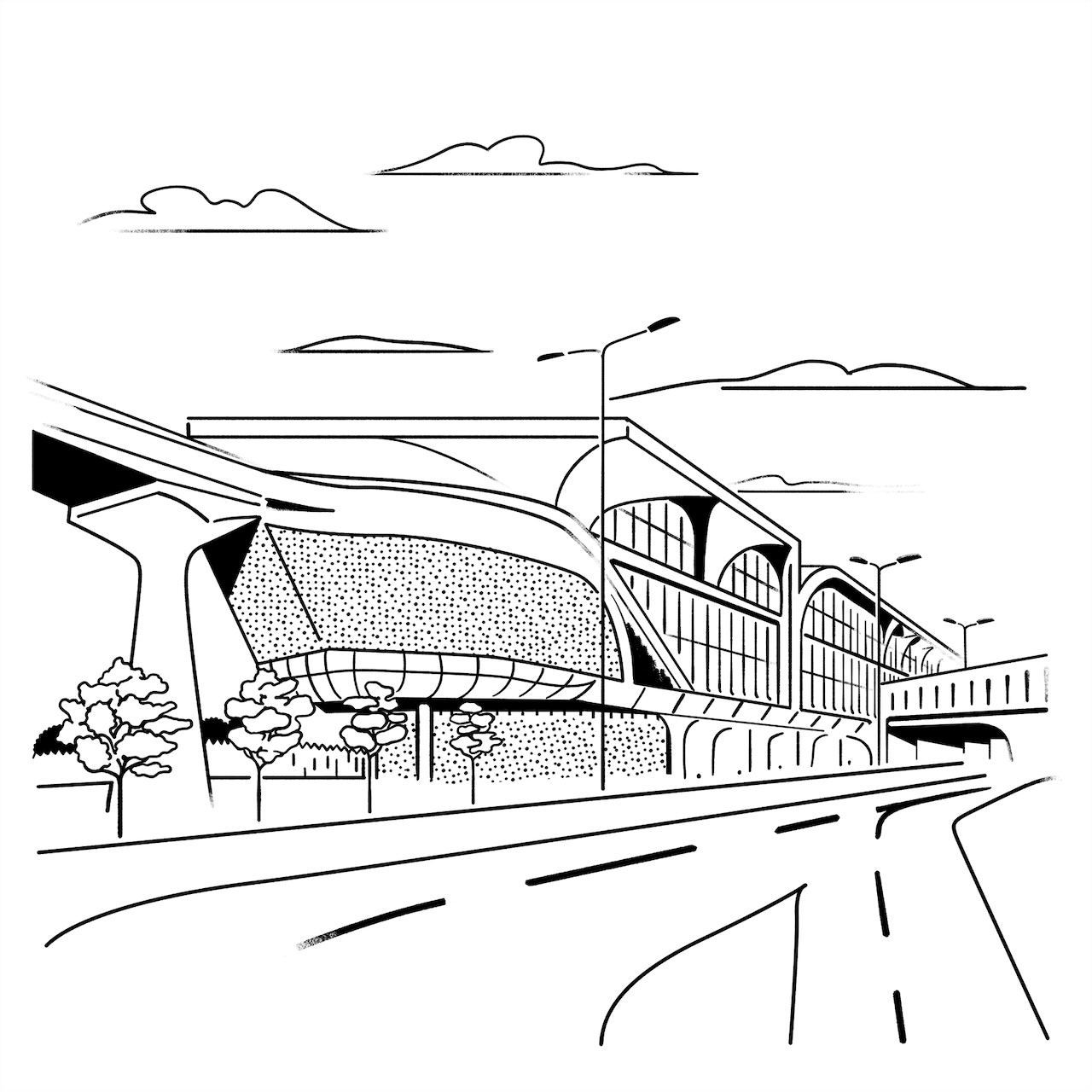 Line drawing of a modern train station with large arched windows, elevated tracks, streetlights, trees, and an empty roadway in the foreground under a sky with a few clouds