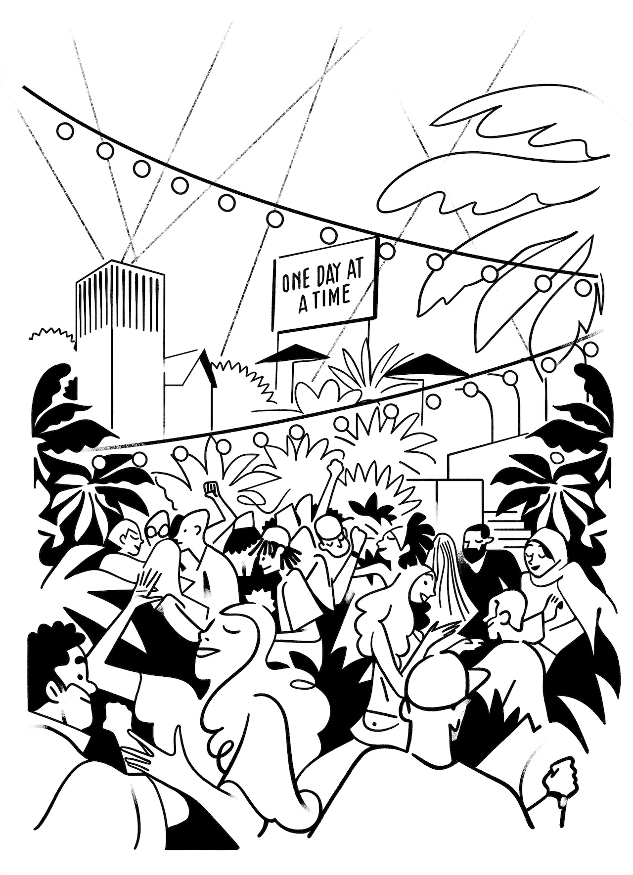 A lively outdoor party scene with people dancing and socializing under string lights. Plants and buildings are in the background, while a sign reads One day at a time.