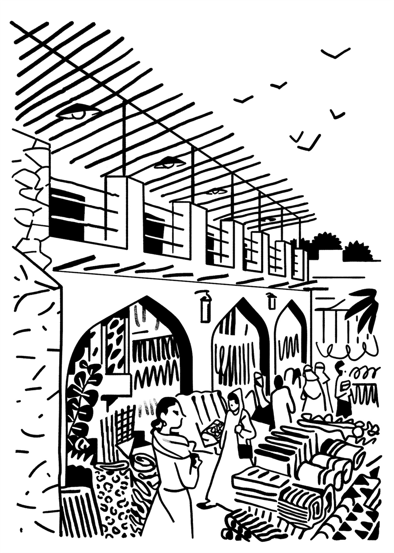 Black and white illustration of a lively market scene with people browsing textiles, arched walkways, hanging lamps, and birds flying above an open-roofed structure