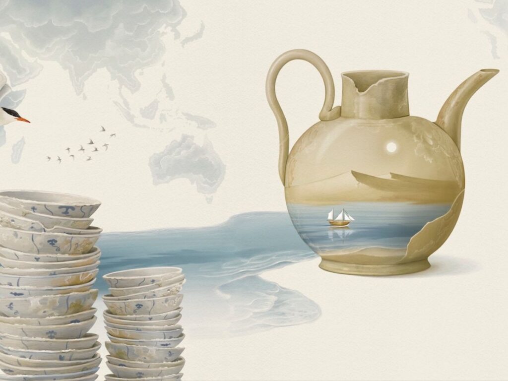 A pitcher with a landscape scene painted on it sits near a stack of bowls; water flows from the pitcher toward the bowls, with birds flying and a faint map of Msheireb visible in the background.