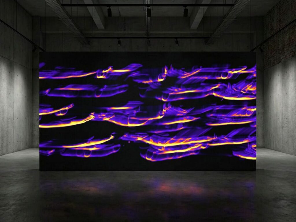 A large screen displays a digital art piece of abstract, glowing orange and purple horizontal light streaks on a black background, centered in an industrial gallery space.