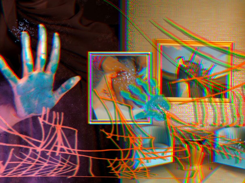 A glitch-art composite in the style of Sophia Al-Maria, featuring a reaching hand, a person applying lotion to an arm, and a framed painting in a room, all overlaid with chromatic aberration and digital lines.