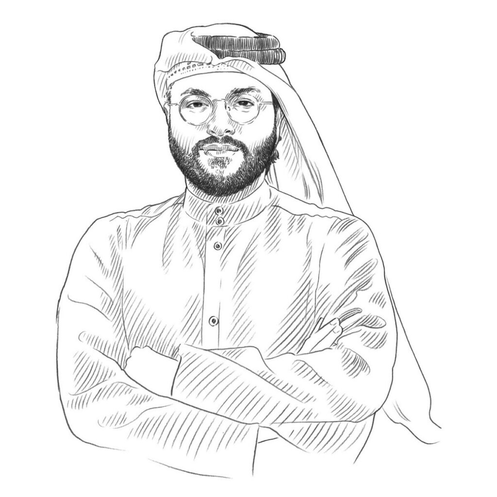 A sketch of a man wearing glasses, a traditional Middle Eastern head covering, and a thobe, with his arms crossed and a slight smile
