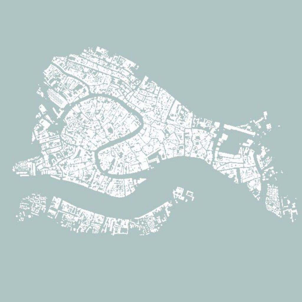 A white map outline of Venice, Italy, showing its winding canals and irregular street grid on a pale blue-gray background, reminiscent of contemporary exhibitions seen at Art Basel Qatar.