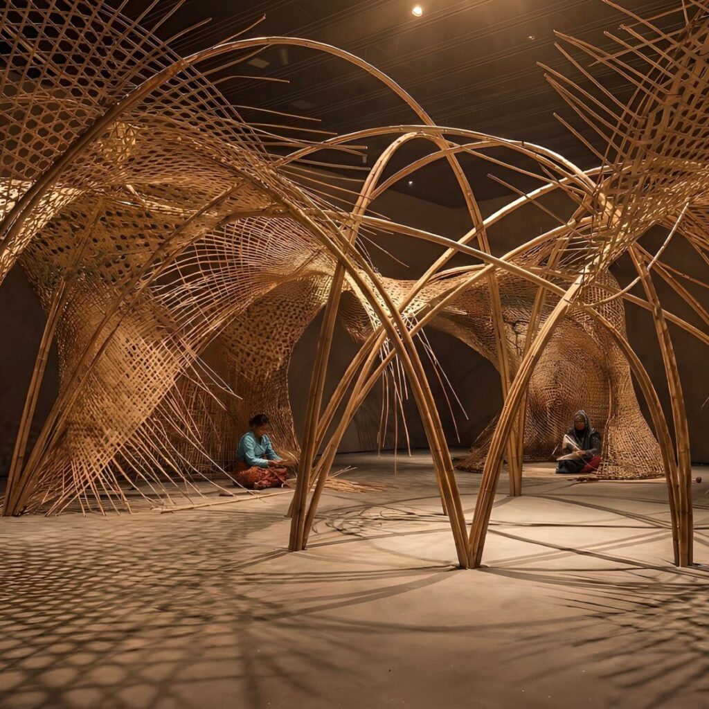 Two people sit on the floor inside a large, intricate bamboo installation with woven patterns and curved arches casting dramatic shadows on the ground.