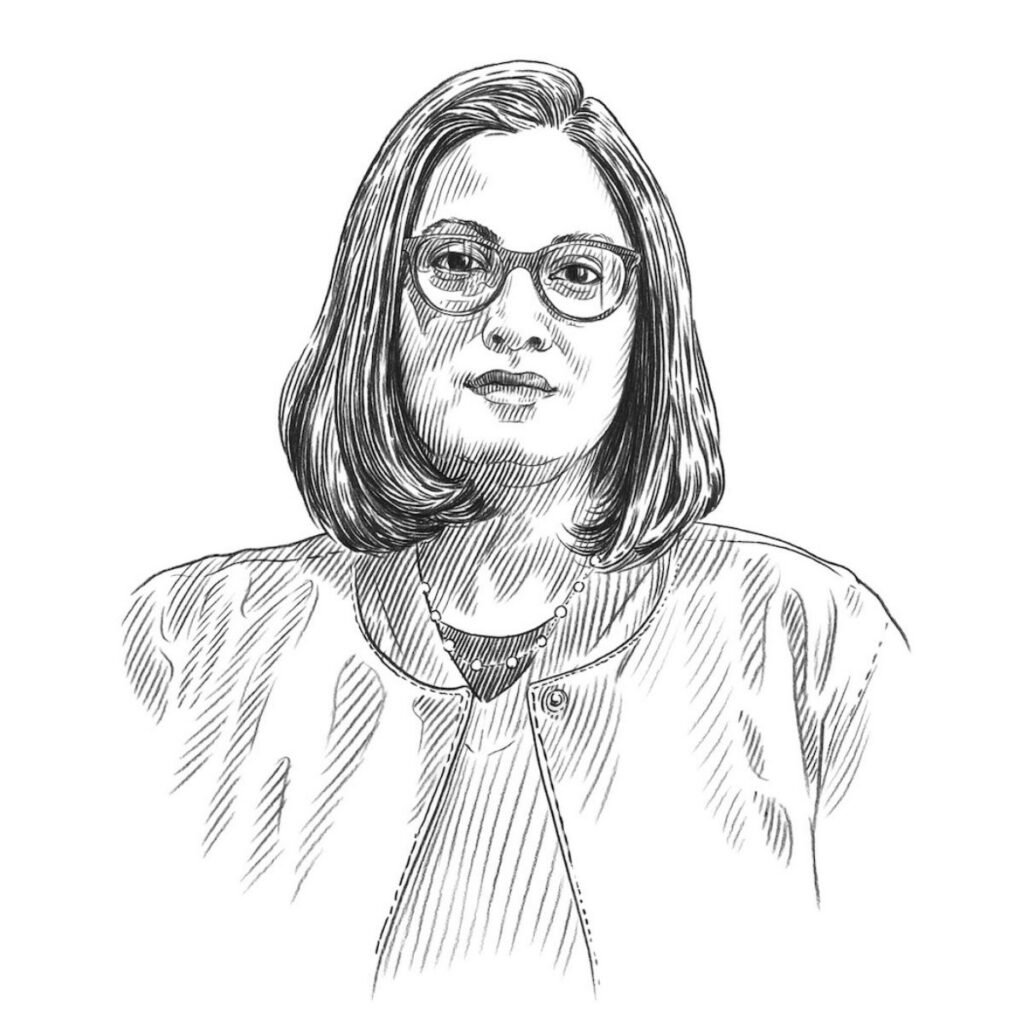 Line drawing portrait of architect Marina Tabassum, depicted with shoulder-length hair and glasses while wearing a collared jacket.