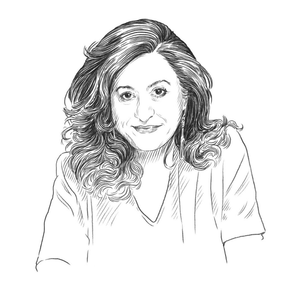 A black and white sketch in the style of the Baghdad Modern Art Group, depicting a smiling woman with shoulder-length wavy hair.