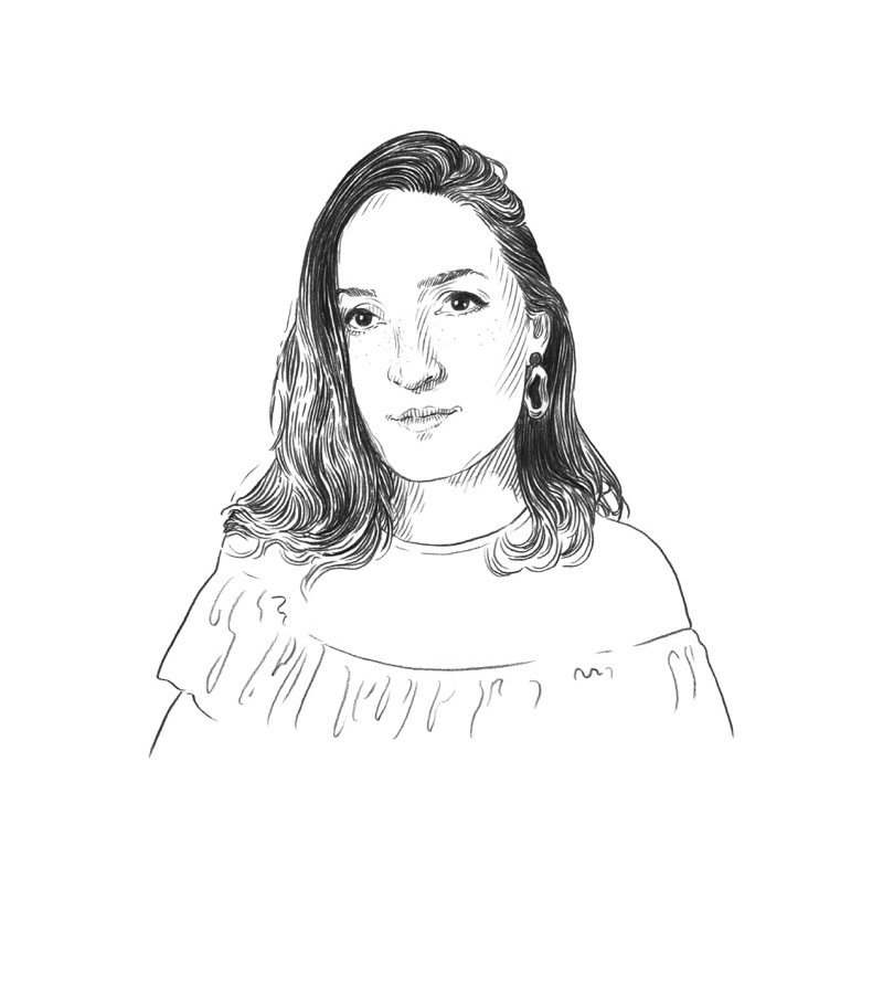 Black and white line drawing of a woman with wavy hair, wearing a top with ruffled sleeves and hoop earrings, looking straight ahead with a neutral expression—a style reminiscent of portraits often featured in Q+A Qatar’s spotlight on Arts.