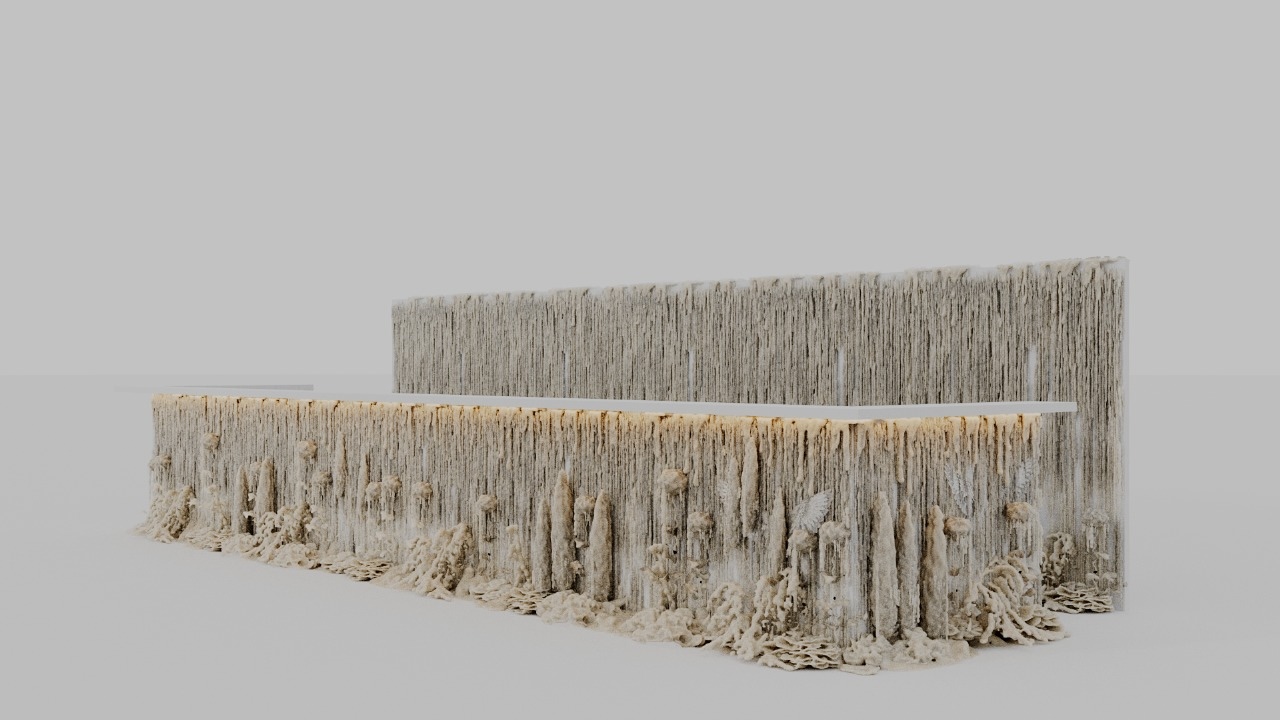 A modern reception desk with a textured, organic design