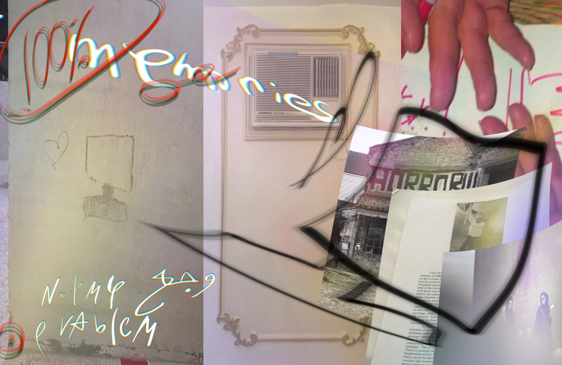 A digital collage features graffiti, a paper, an air conditioner, hands, and abstract text and shapes layered over each other in a chaotic, colorful arrangement