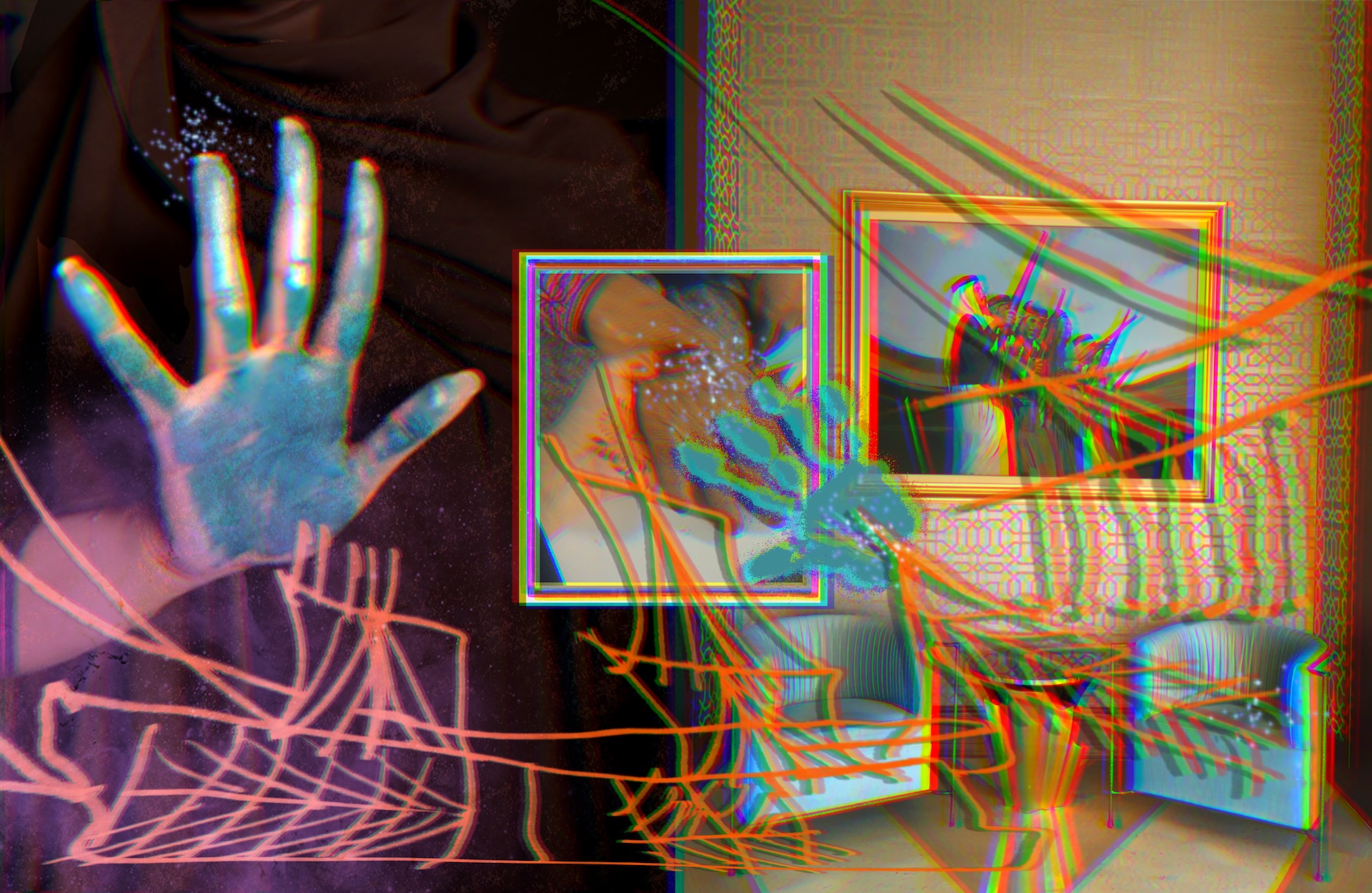 A glitched, multicolored image shows a person’s hand against glass, sketches of hands, and distorted framed photos, with overlapping digital and analog effects throughout