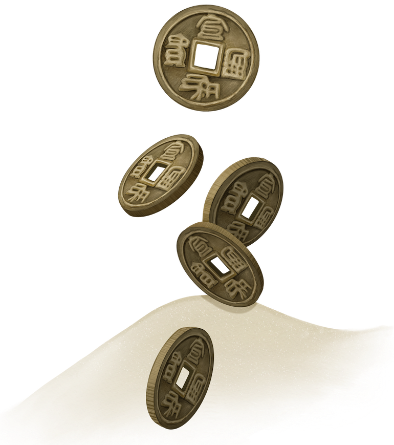 Five ancient Chinese coins with square holes fall in midair above a pale, wave-like surface—each coin displaying Chinese characters in intricate detail