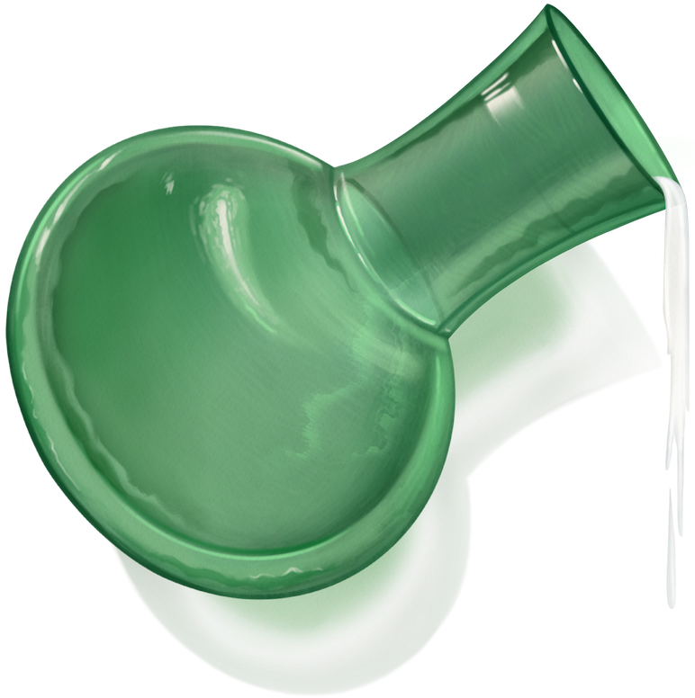 A green, round-bottomed glass vessel with a narrow neck is tilted, pouring out a clear liquid from its spout onto a white surface