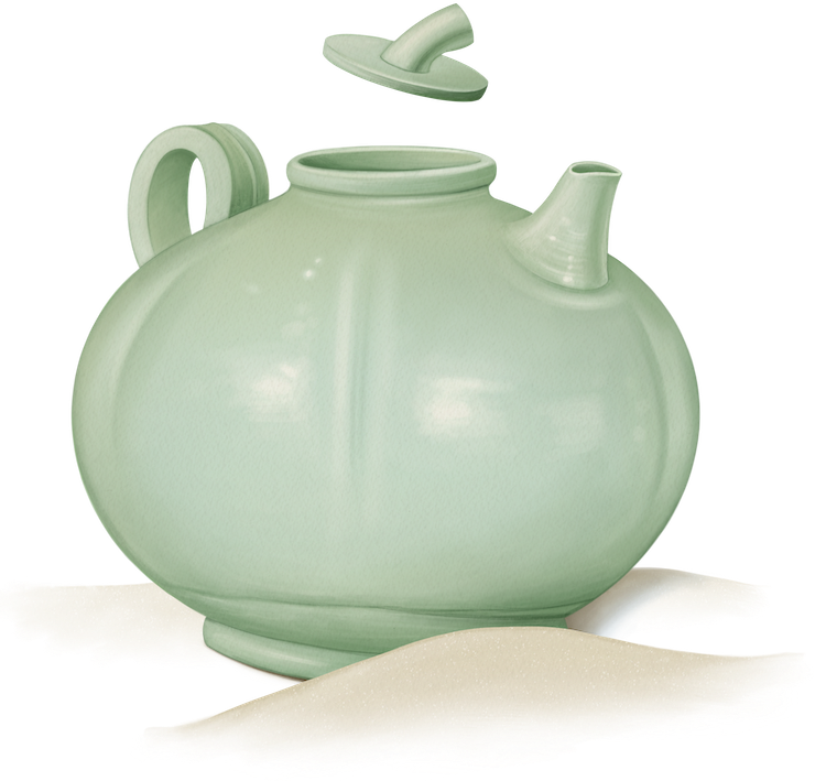 A round, pale green teapot with its lid floating above it sits on a sandy surface, evoking the serene